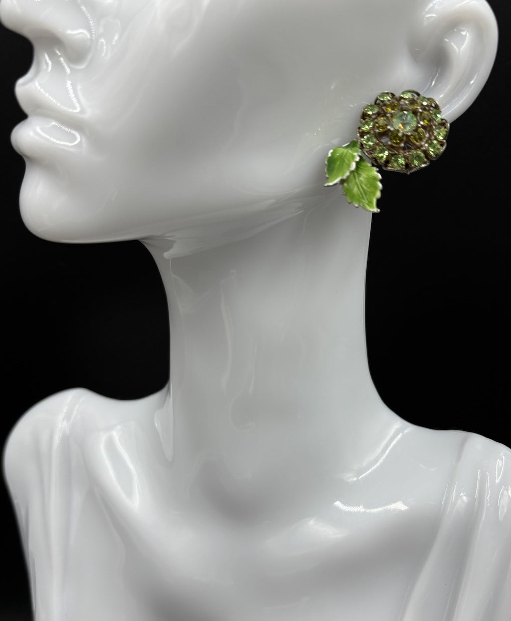 Vintage Green Rhinestone Flower Clip On Earrings Enamel Leaves Mid Century