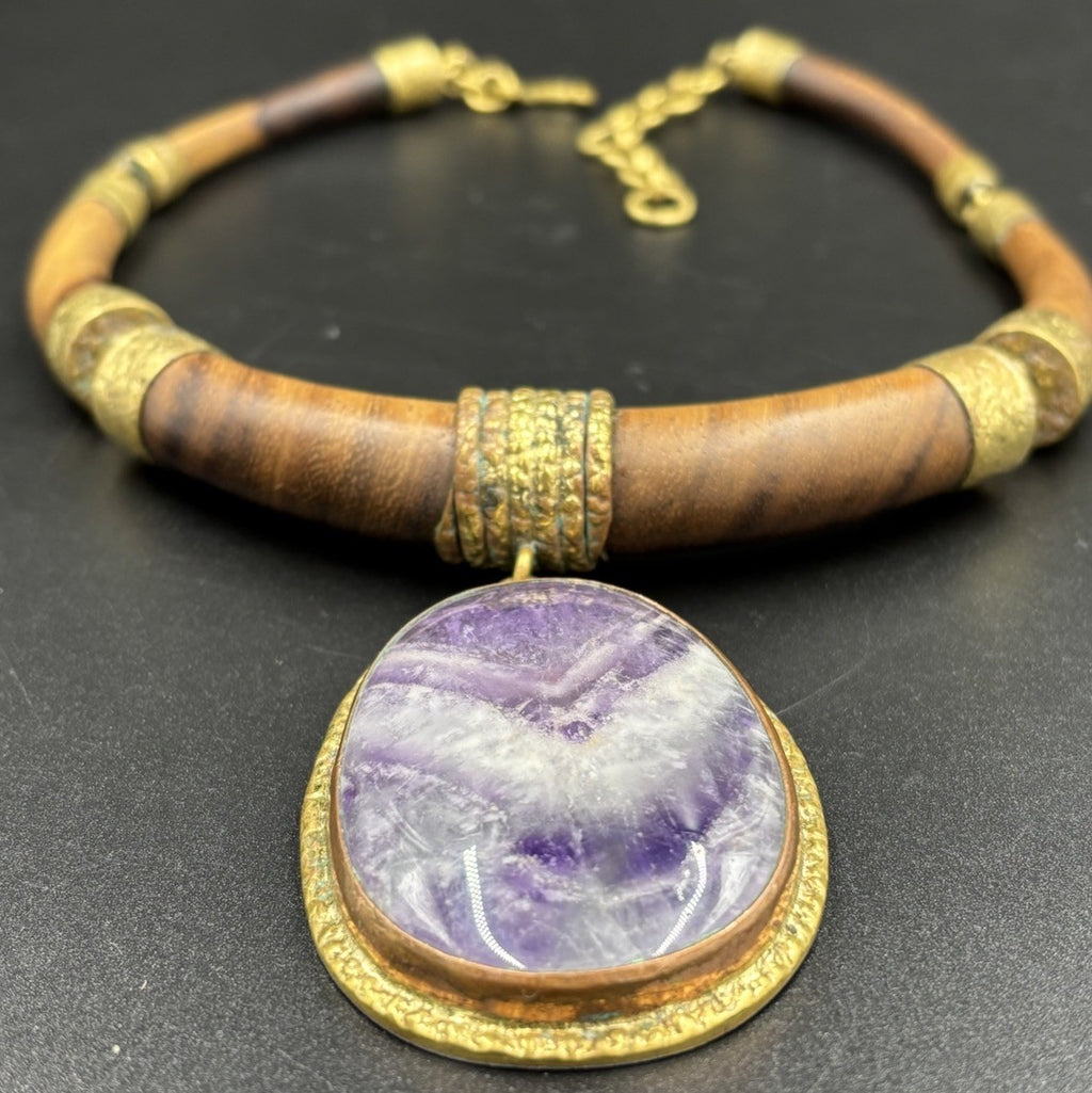 Amethyst Pendant Silver Tone  Wooden Gold Accents Necklace, Handmade “Large”