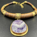 Amethyst Pendant Silver Tone  Wooden Gold Accents Necklace, Handmade “Large”