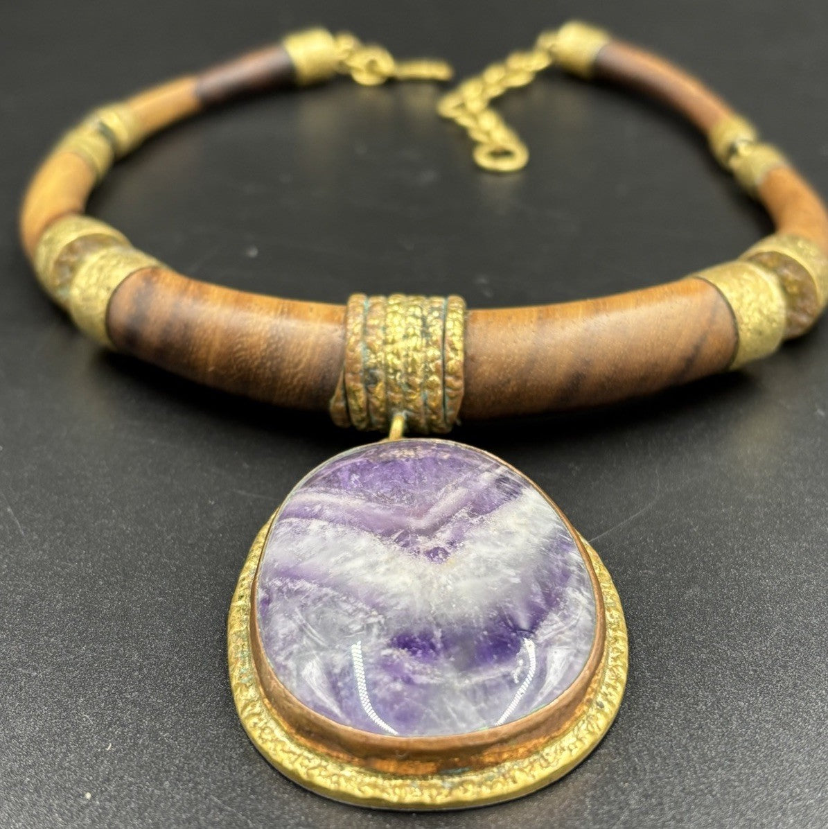 Amethyst Pendant Silver Tone  Wooden Gold Accents Necklace, Handmade “Large”