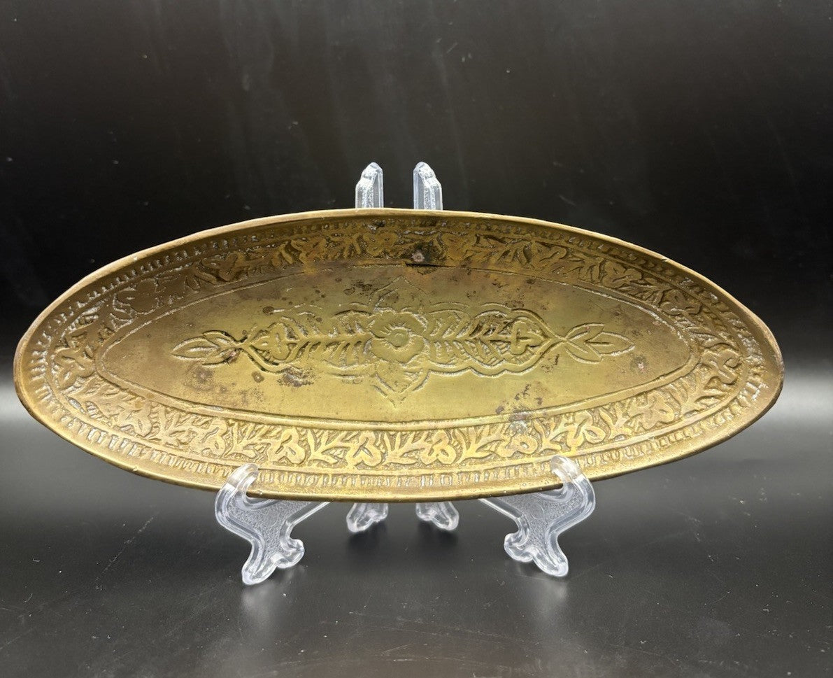 Vintage Brass Footed Dish Ornate Floral Oval Tray Trinket Bowl Decor