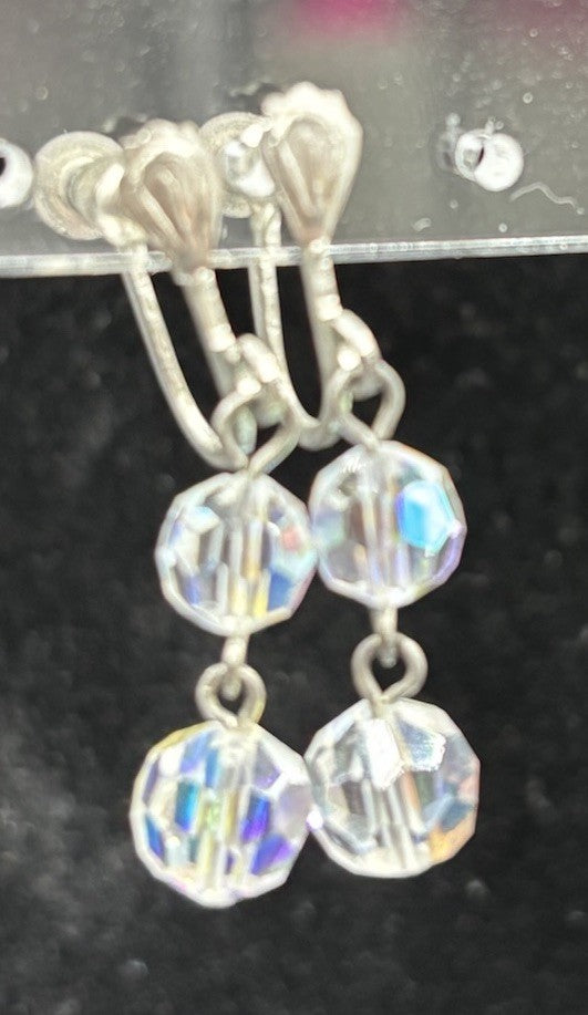 Vintage 1950s Aurora Borealis Crystal Necklace & Earrings Set Tassel Drop