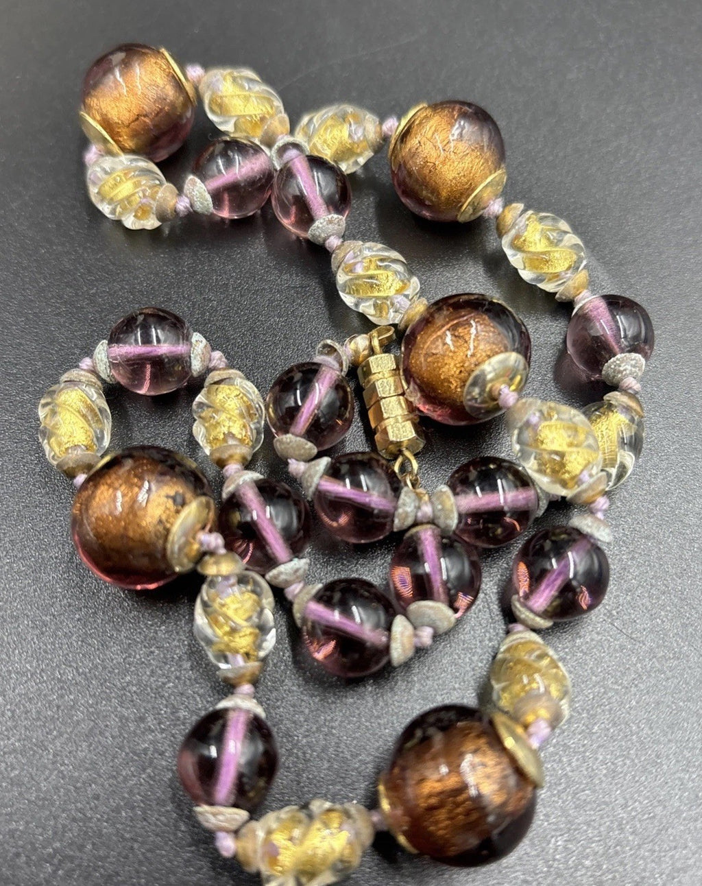 Vintage Brown Honey Gold Foiled Purple Accents Murano Art Glass Faceted Beads