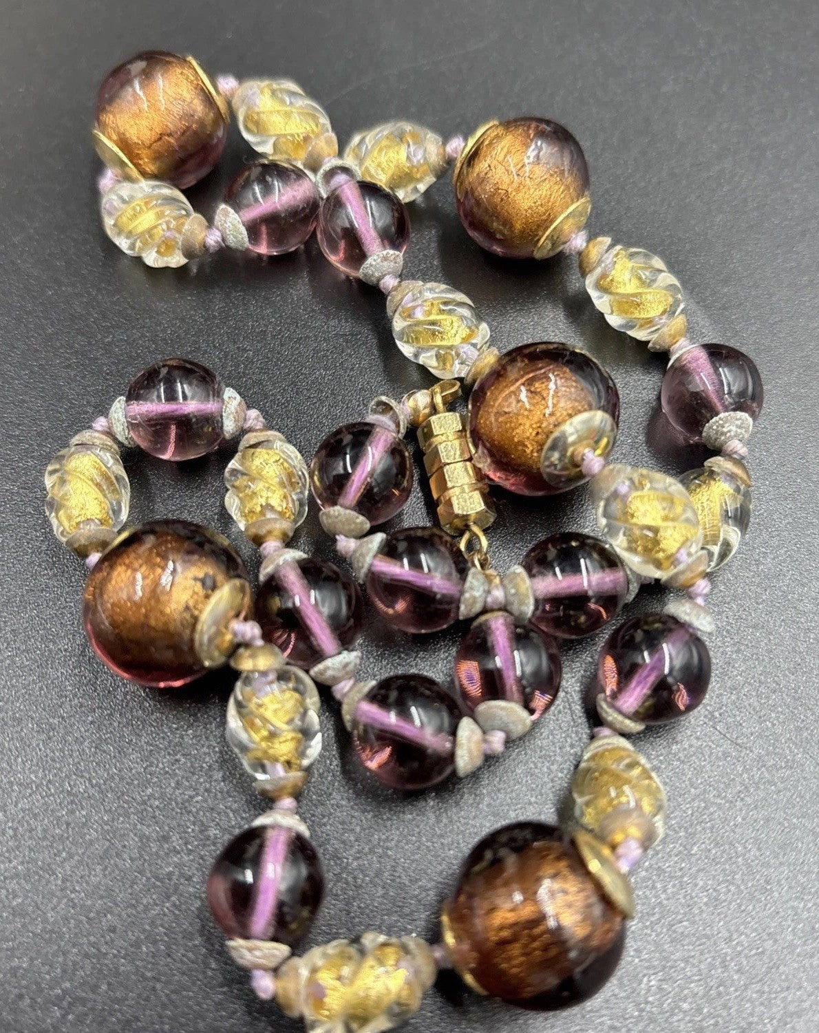 Vintage Brown Honey Gold Foiled Purple Accents Murano Art Glass Faceted Beads