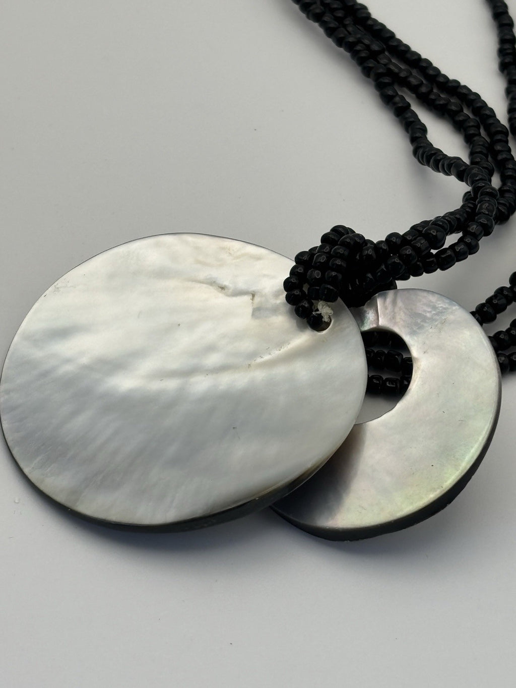 Mother of Pearl Shell Pendant Necklace – Black Beaded Multi Strand