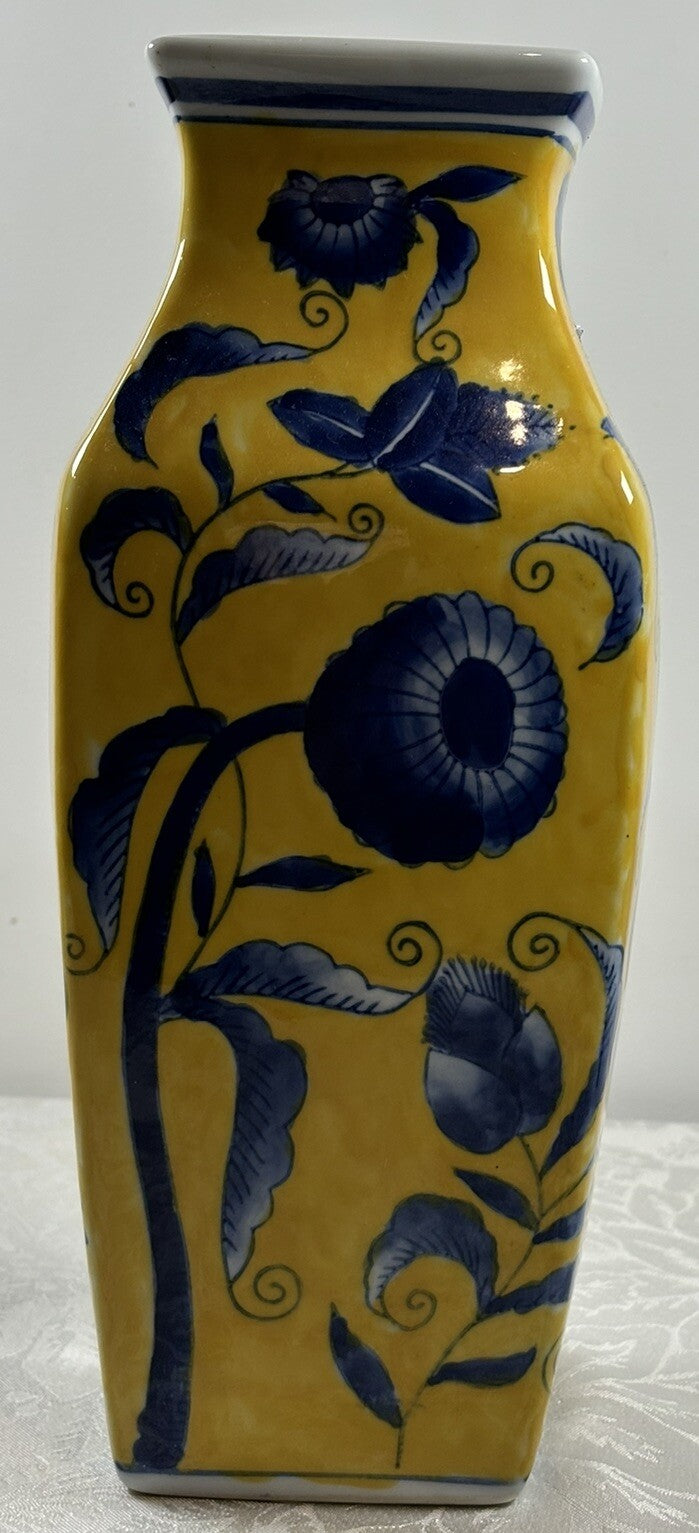 Hand Painted Chinese Porcelain Vase Square Shape – Blue Floral on Yellow Glaze
