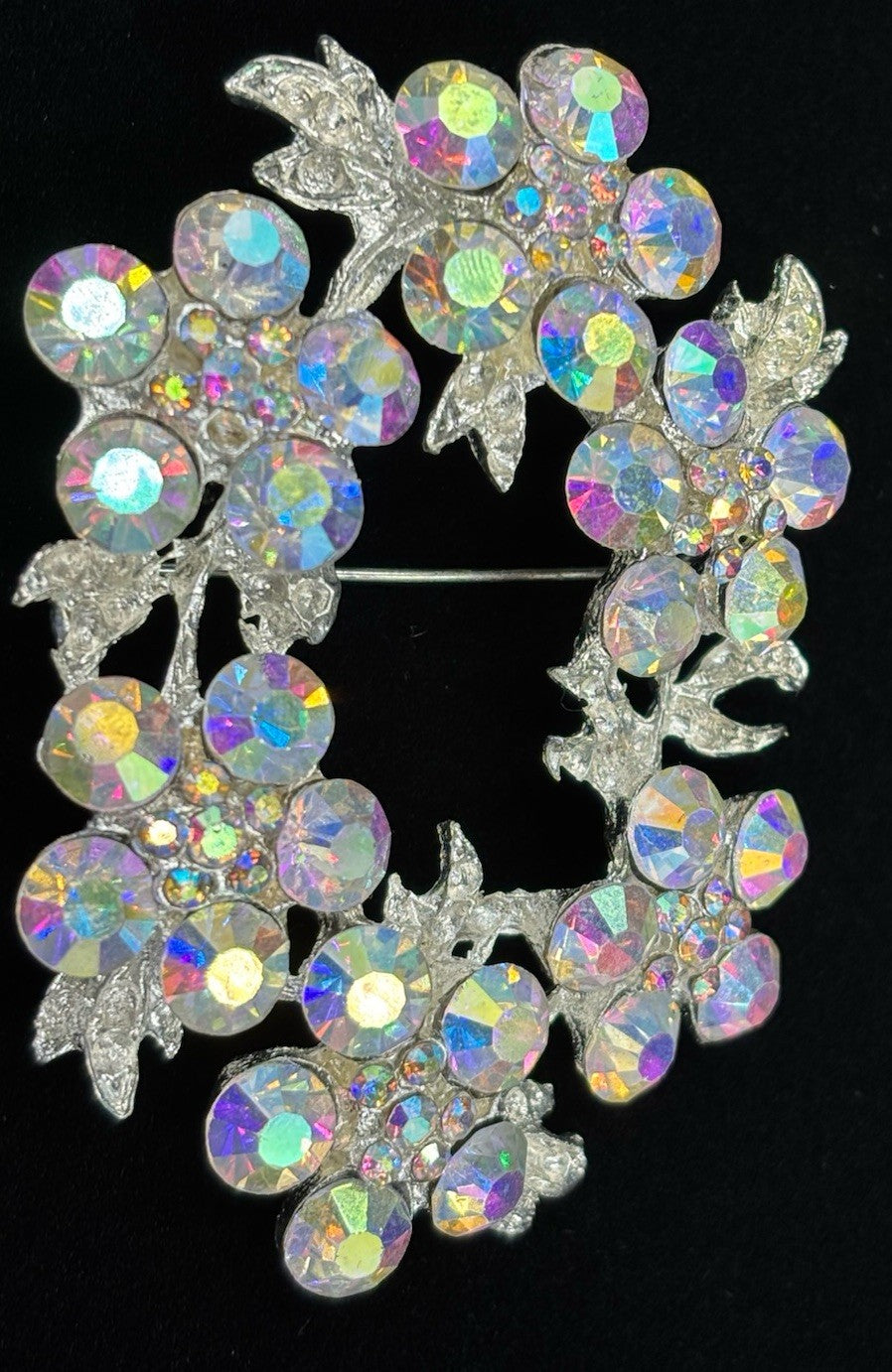 Vintage AB Rhinestone Wreath Brooch Silver Tone 1950s Mid Century Jewelry