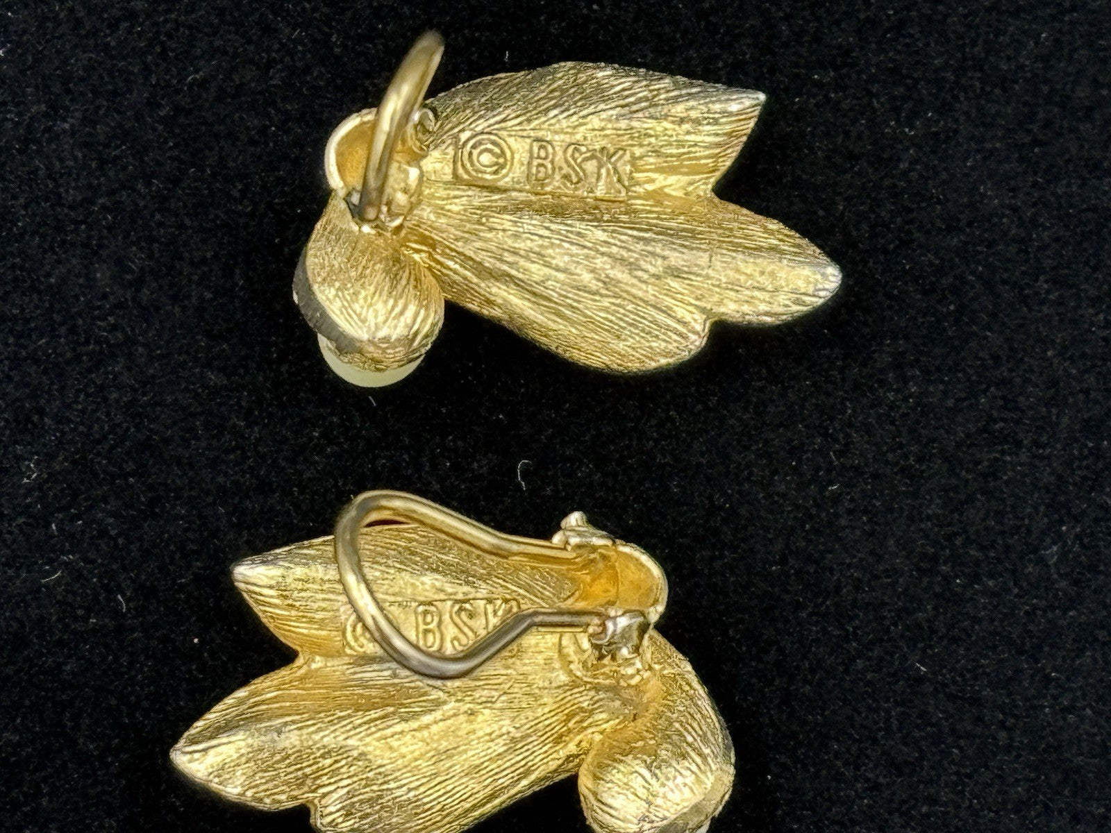 Vintage BSK Clip Leaf Wing Faux Pearl Earrings