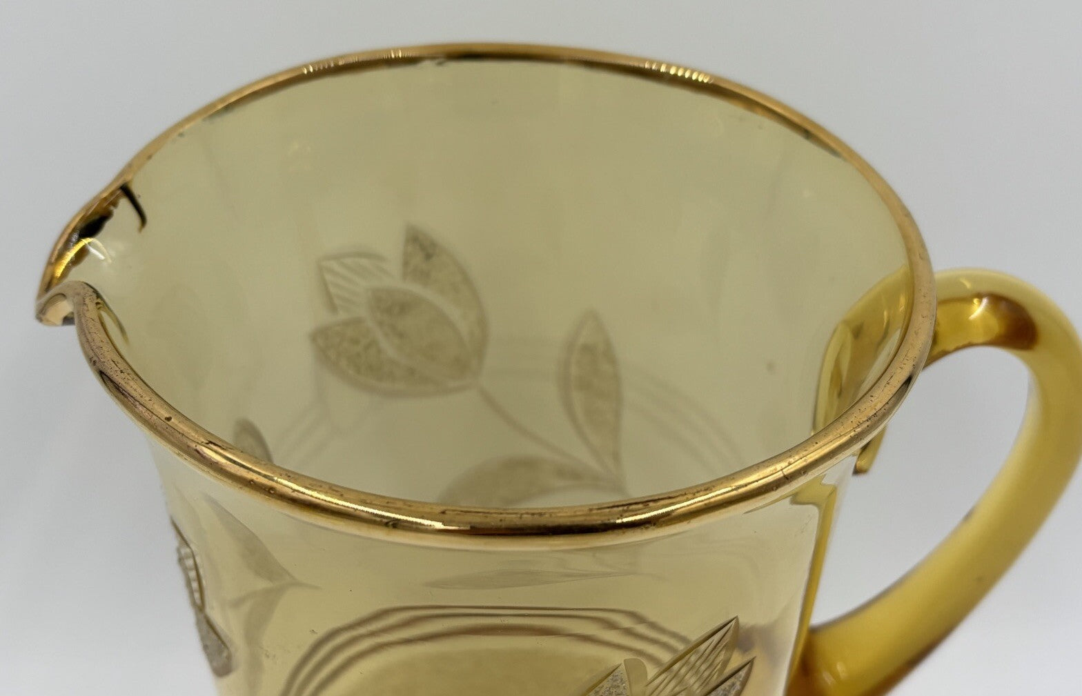 Vintage Amber Glass Pitcher & 4 Tumblers Gold Leaf Etched MCM Barware Set