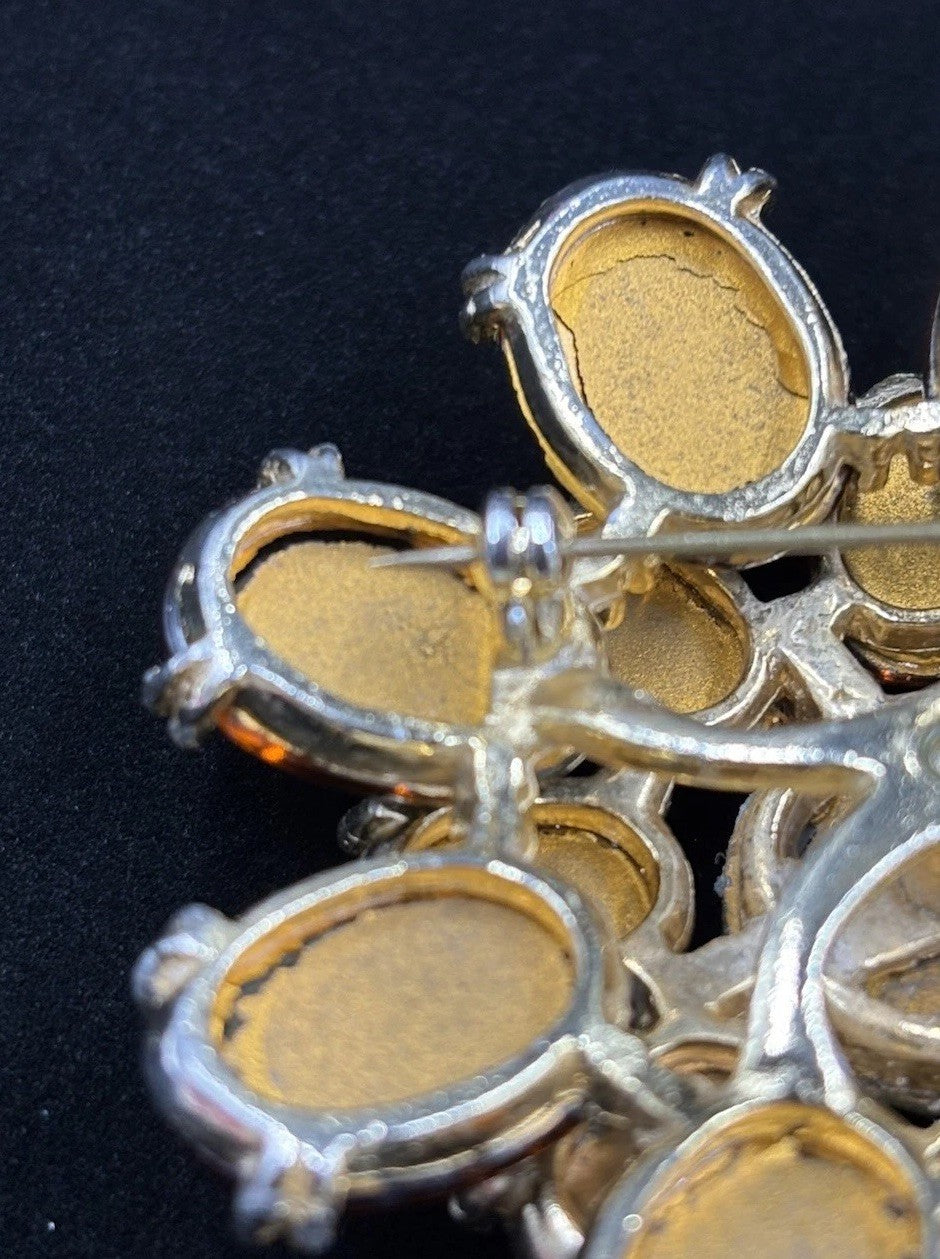 Huge Vintage Glass Brooch Tiger Eye Look 1950s Bold Statement Jewelry