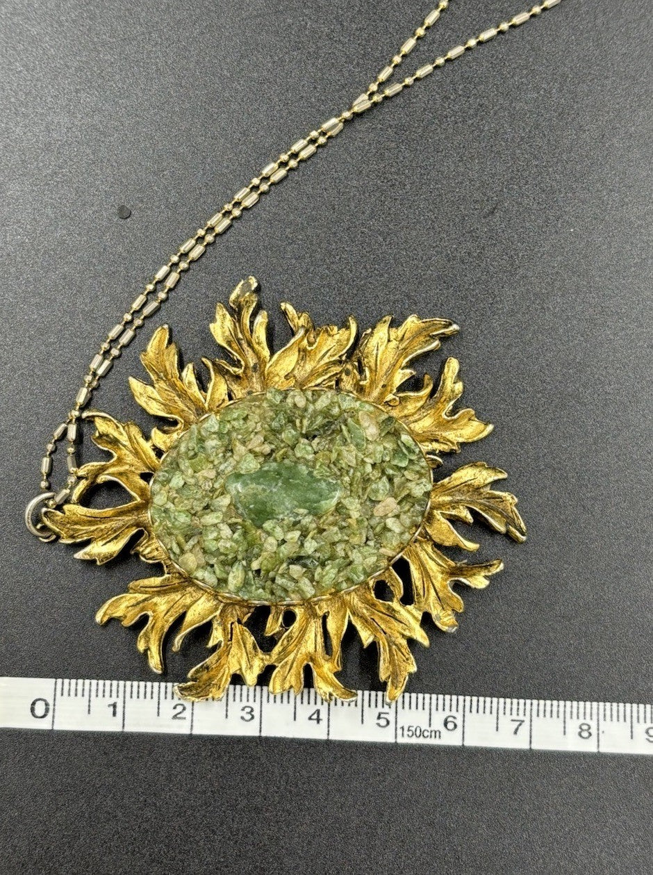 Vintage Sunburst Pendant Necklace Crushed Green Stone 18K Gold Filled Chain
