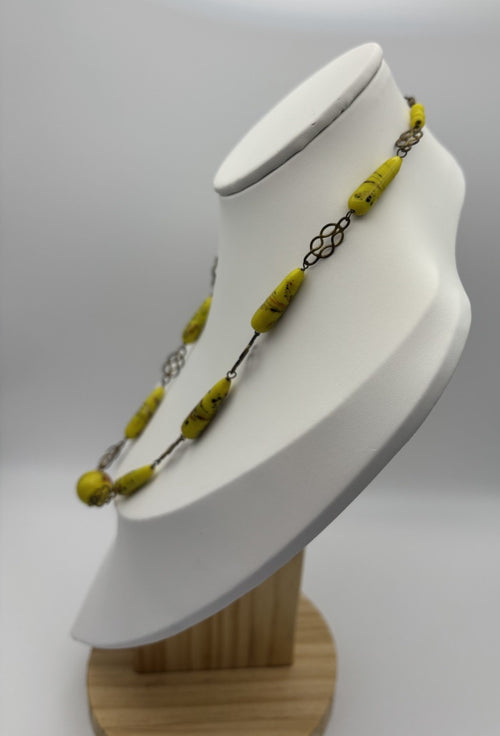 Antique Art Deco Czech Yellow Spatter Glass Necklace 1920s Jewelry