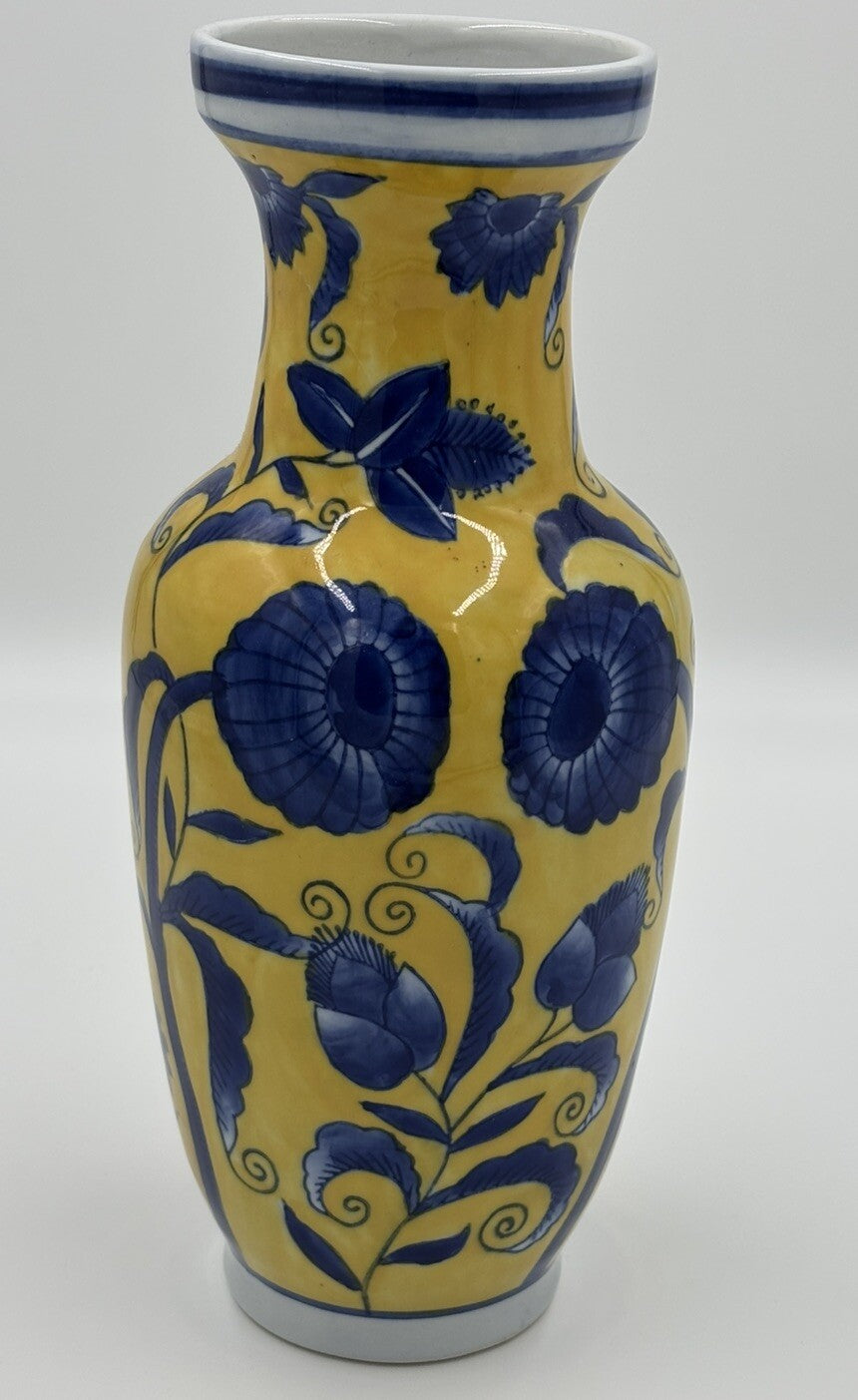 Vtg Chinese Porcelain Vase Yellow & Blue  Floral 20th Century Decorative Pottery
