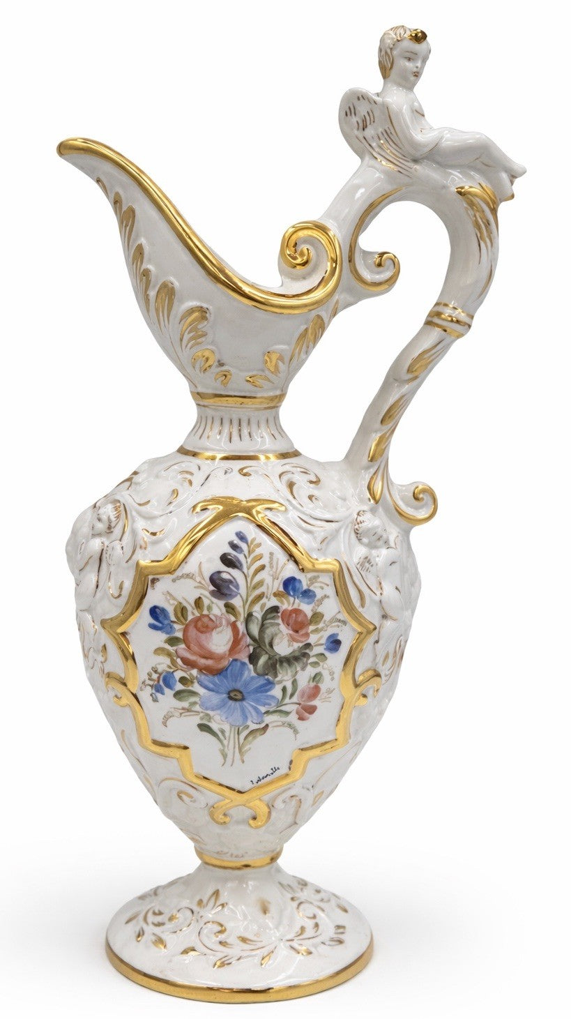 Vintage Capodimonte Italian Porcelain Cherub Ewer Vase Hand Painted Gold Gilt