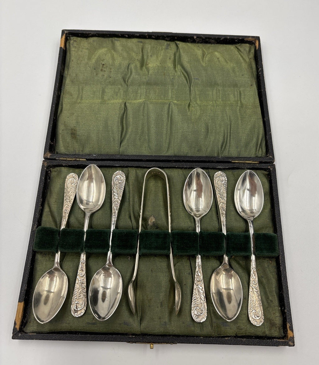 Vintage EPNS Silver Teaspoon Set with Sugar Tongs in Box Ornate Scroll Design