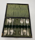 Vintage EPNS Silver Teaspoon Set with Sugar Tongs in Box Ornate Scroll Design