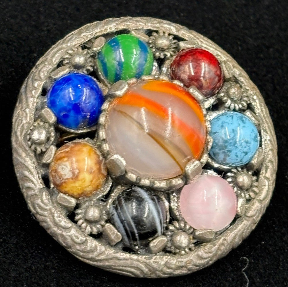 Vintage Miracle Scottish Celtic Banded Multiple Agate Glass Pin Brooch Signed