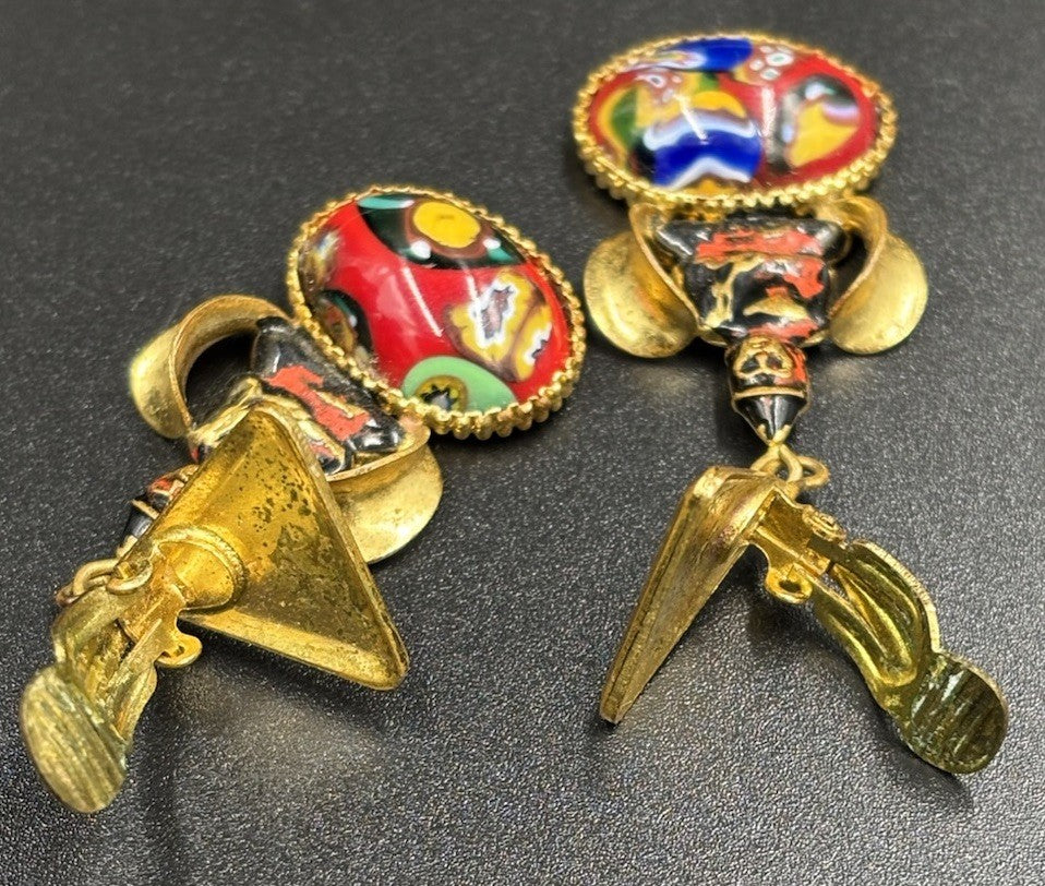 Vintage Millefiori Glass Dangle Earrings Buddha Figure Colourful Art Glass