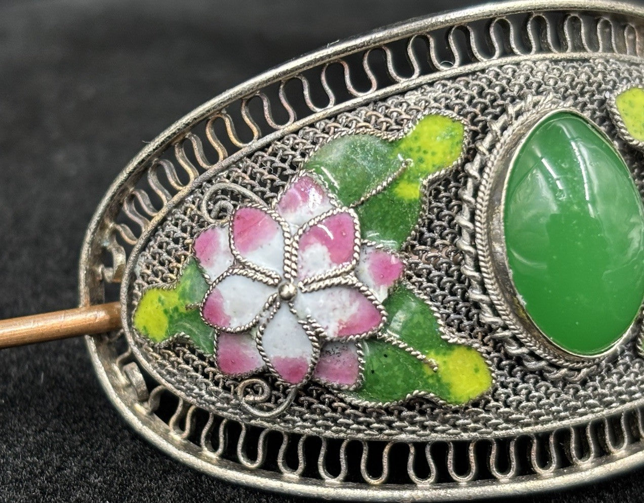 Vintage Chinese Filigree Enamel Hairpin Green Peking Glass Cabochon Beads