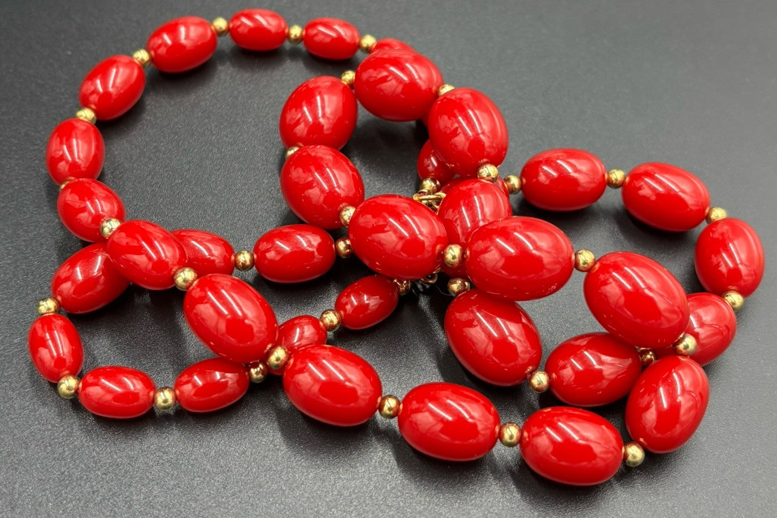 Vintage Monet Red Lucite Bead Necklace Gold Tone Signed Statement Jewelry
