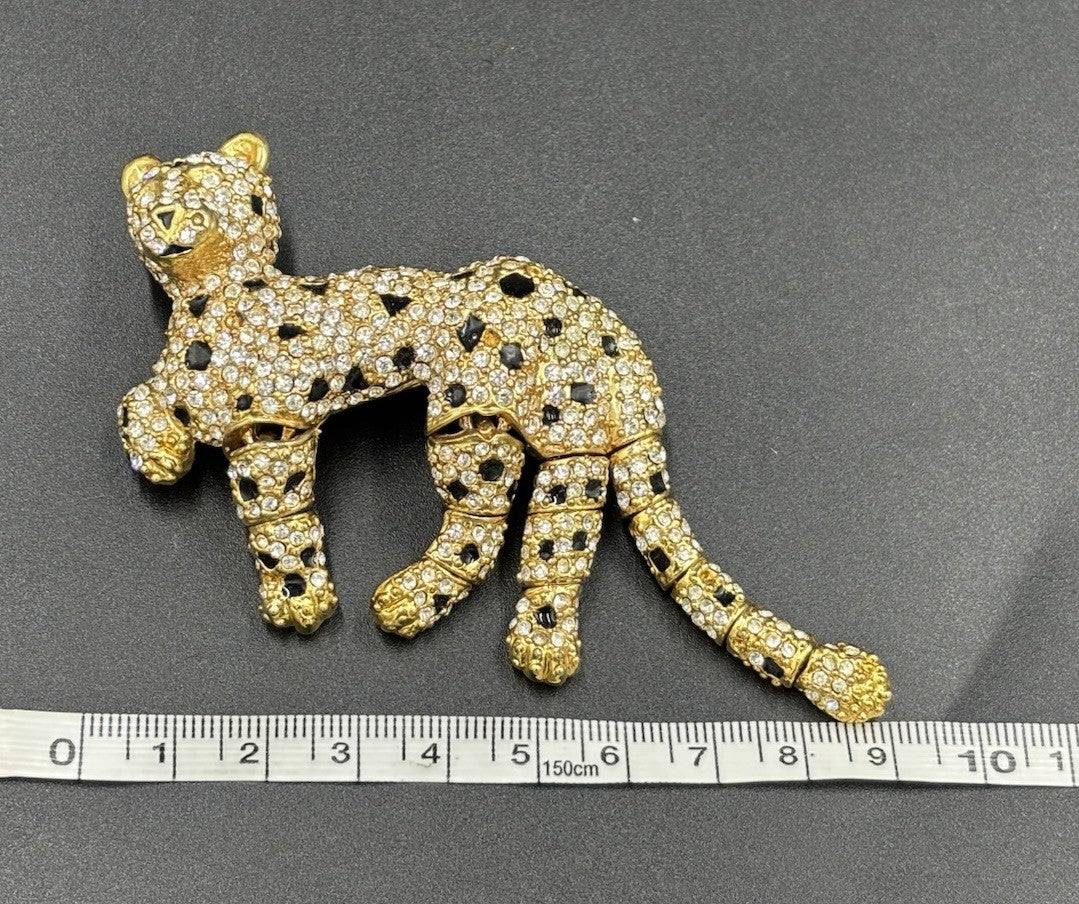 Vintage Articulated Leopard Brooch Gold Tone Rhinestone Panther