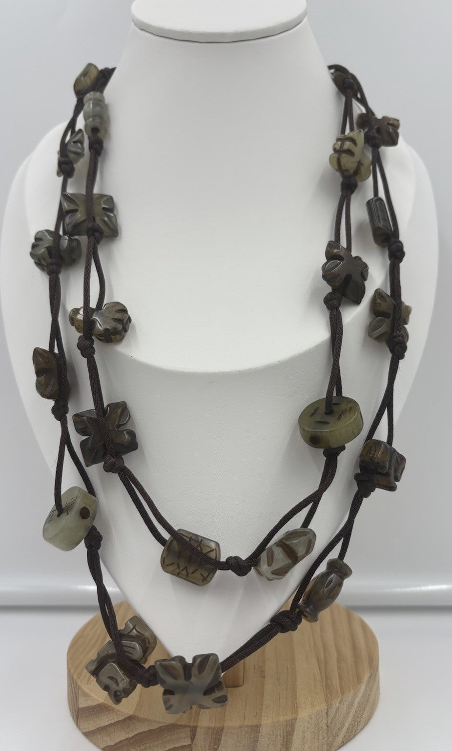Vintage Serpentine Stone Necklace Carved Tribal Folk Beads Multi Strand Jewelry