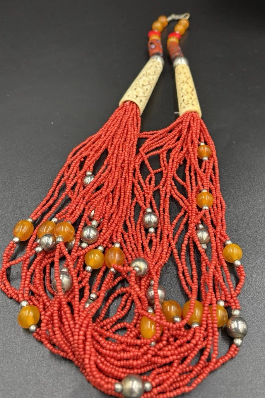 Rare Antique Berber Necklace Carved Bovine Bone Red Beads Tribal Millefiori
