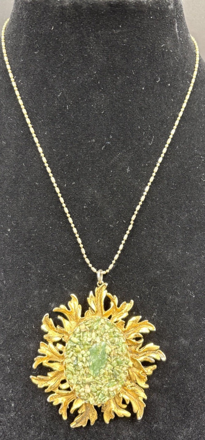 Vintage Sunburst Pendant Necklace Crushed Green Stone 18K Gold Filled Chain
