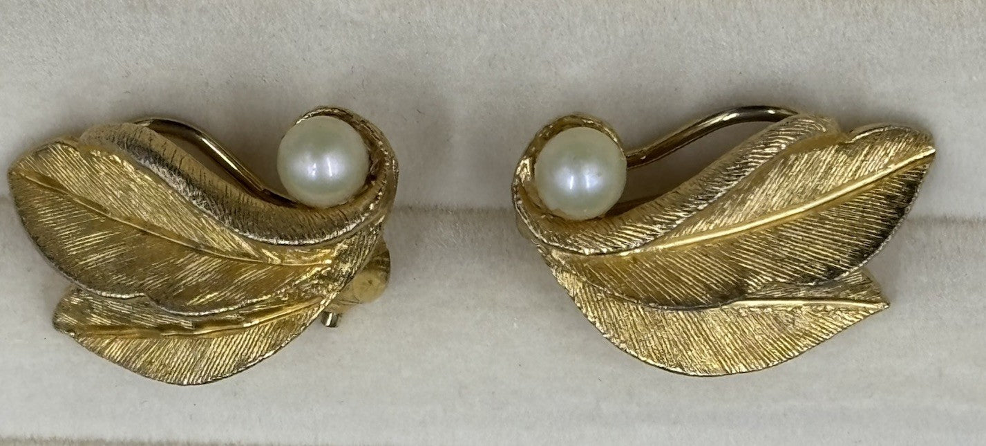 Vintage BSK Clip Leaf Wing Faux Pearl Earrings