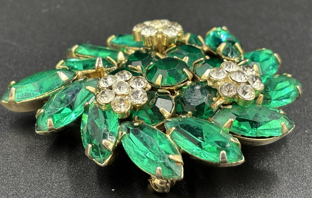 Vintage Weiss Green Rhinestone Brooch Signed Floral Cluster 1950s Jewelry