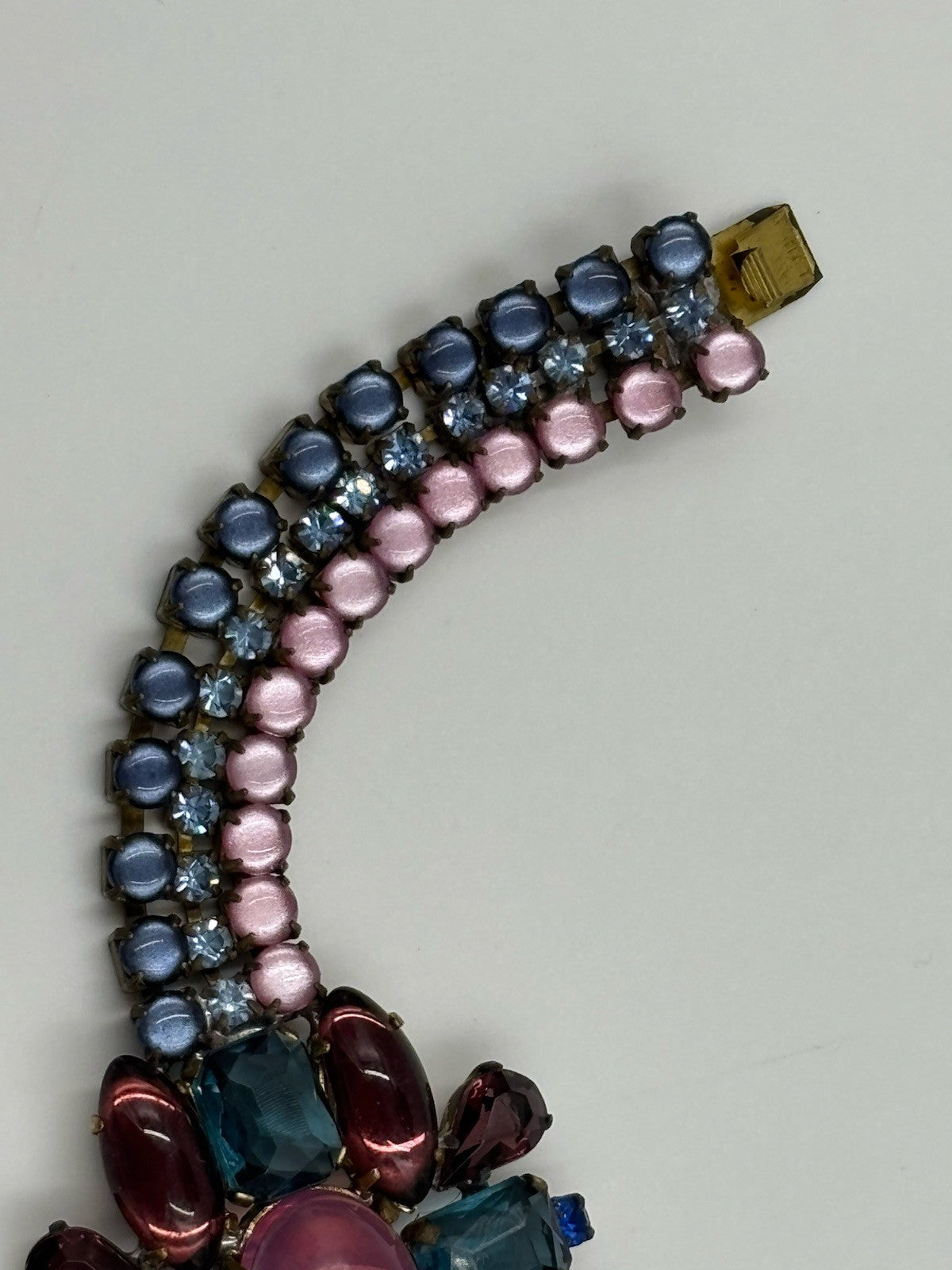 Husár D Pink Cabochon Aqua Garnet Rhinestone Bracelet Signed Czech Glass Rare