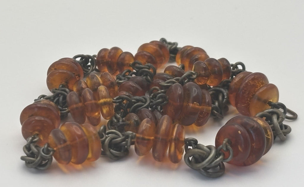 Vintage Baltic Amber Disc Bead Necklace with Oxidized Chain Choker Jewelry