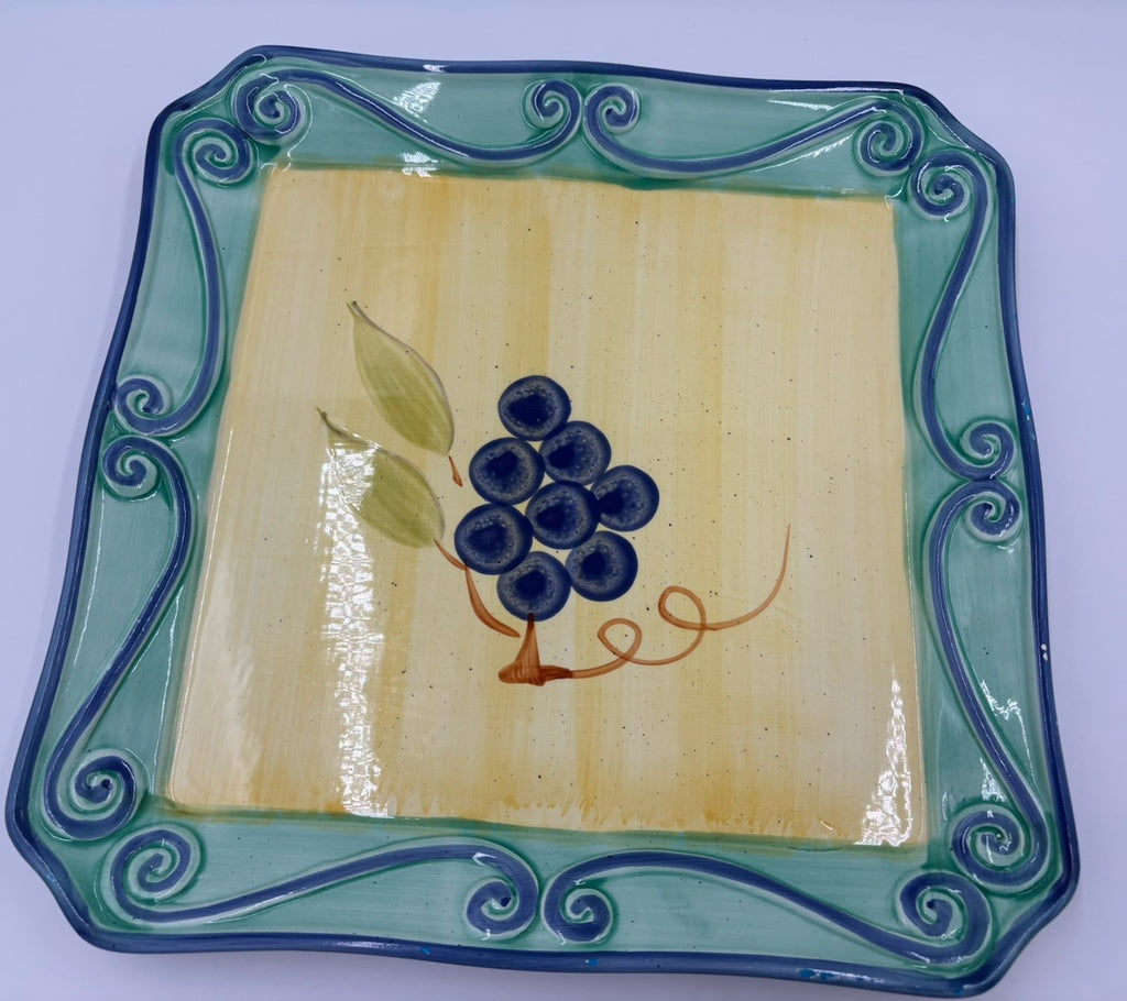 Hand Painted Ceramic Platter Grapes Scroll Border 30cm Vintage