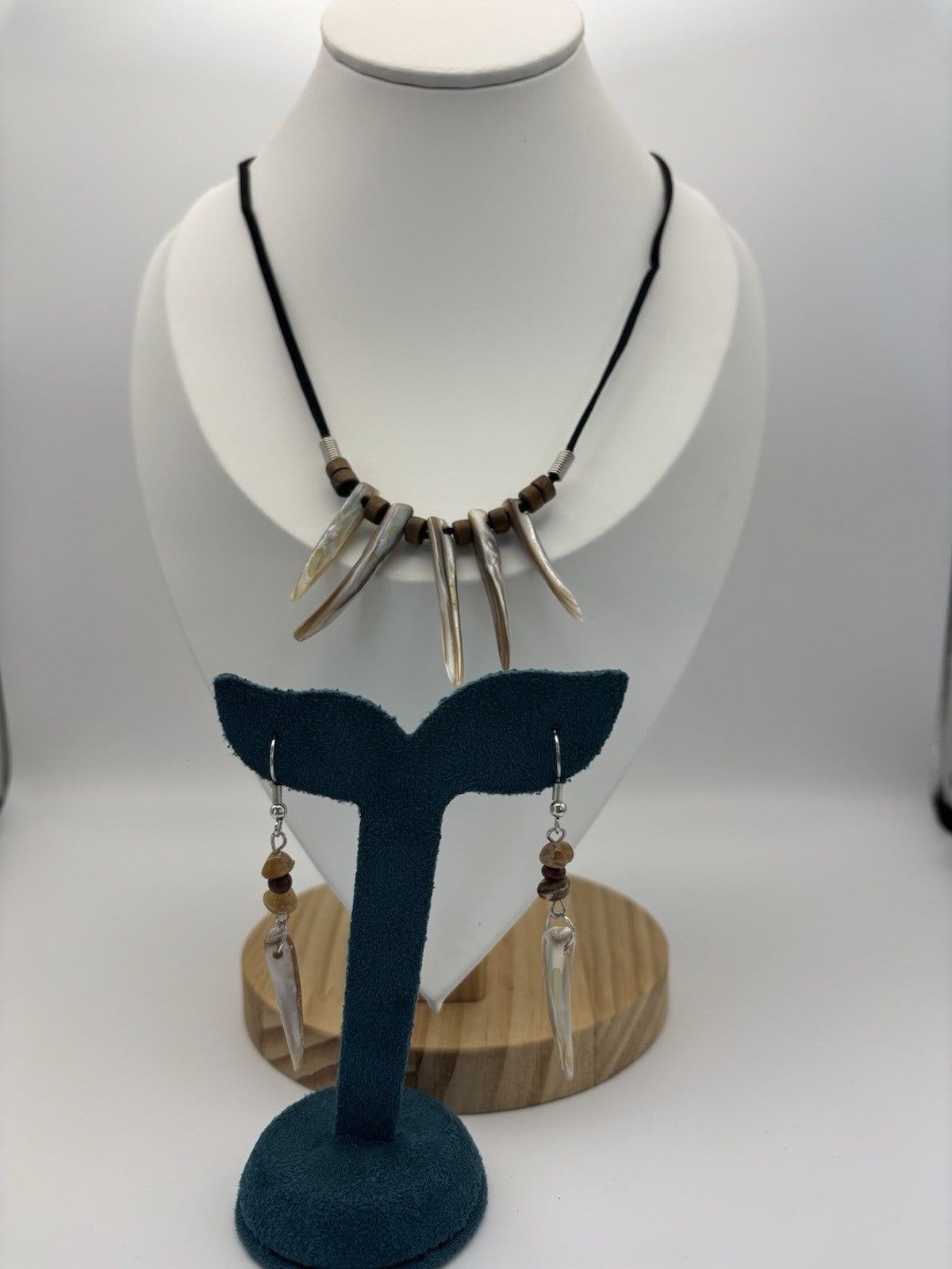Tribal Shell Spike Necklace Earrings Set Boho Surfer Black Cord Natural Jewelry