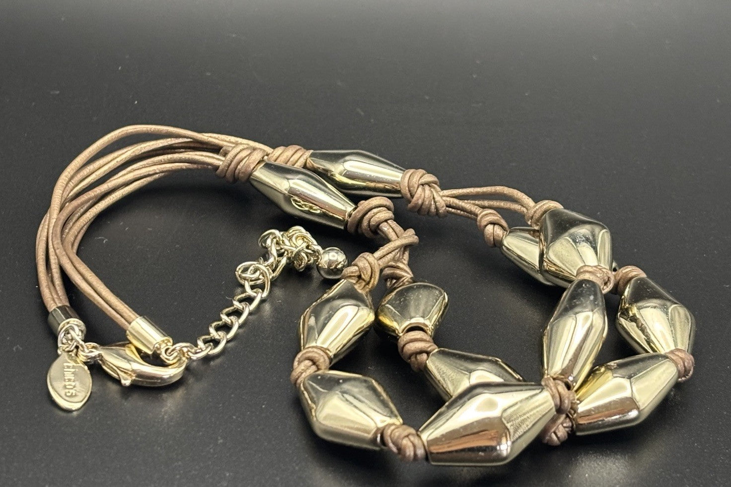 Chico’s Gold Tone Sculptural Bead Leather Cord Necklace Statement