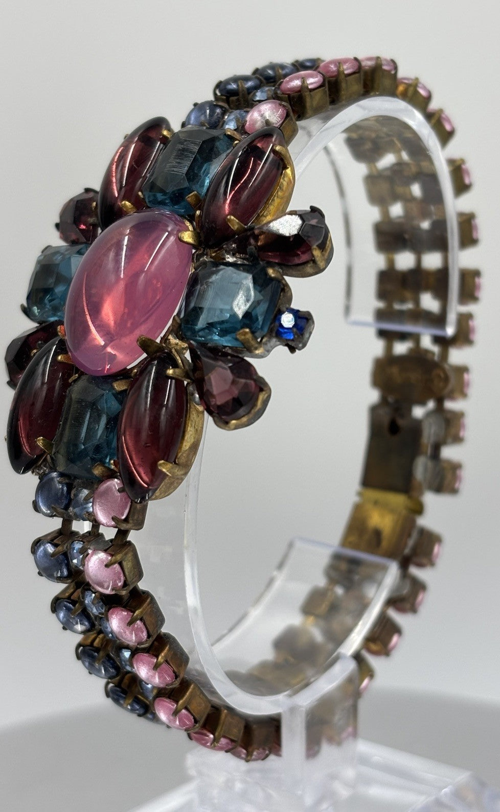 Husár D Pink Cabochon Aqua Garnet Rhinestone Bracelet Signed Czech Glass Rare