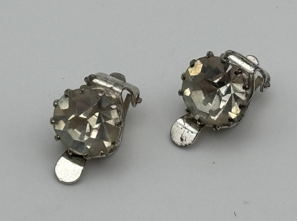 Vintage Mid Century Clear Rhinestone Necklace with Matching Clip Earrings Set