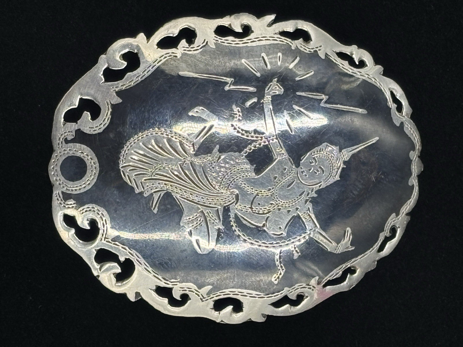 Vintage Siam Sterling Silver Niello Dancer Brooch 1920s Thai Mythological 4.5cm