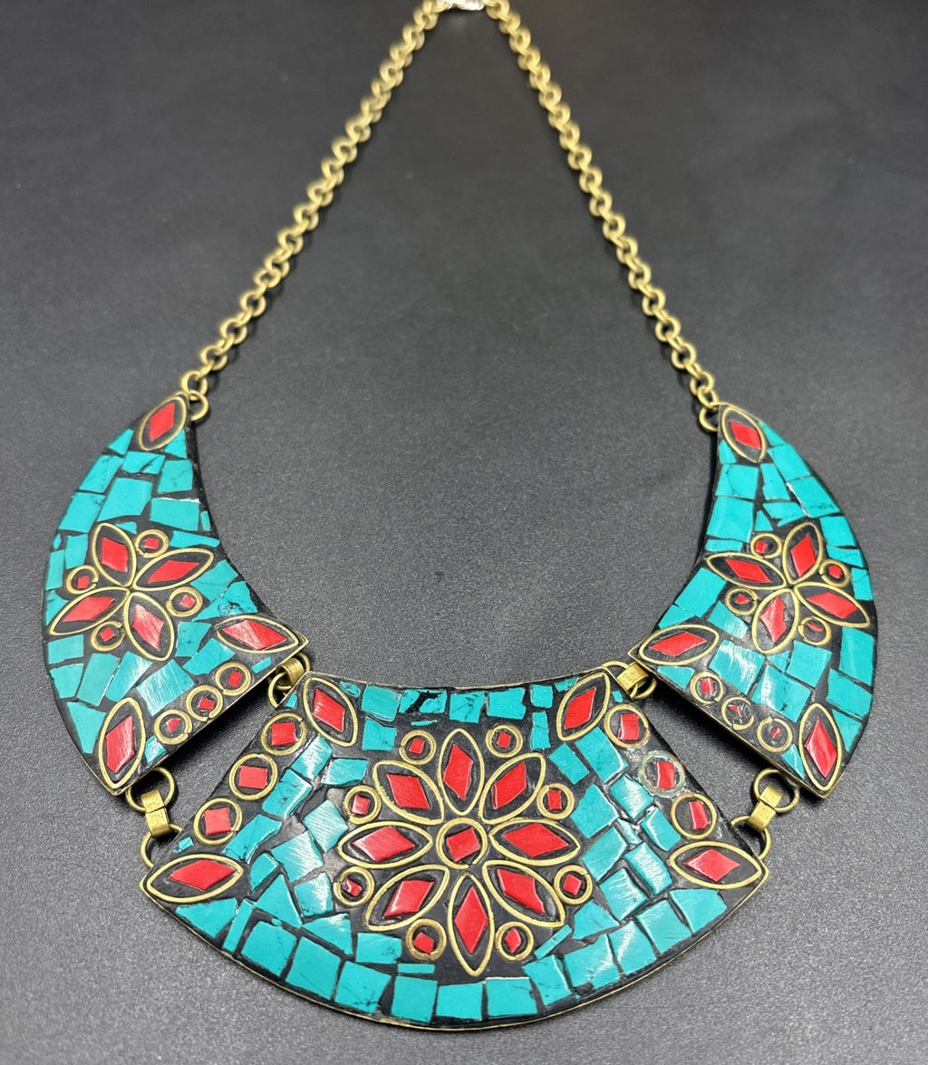 Vintage Mosaic Bib Necklace – Turquoise & Red Inlay, Nepalese/Tibetan Style