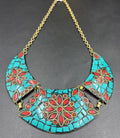 Vintage Mosaic Bib Necklace – Turquoise & Red Inlay, Nepalese/Tibetan Style