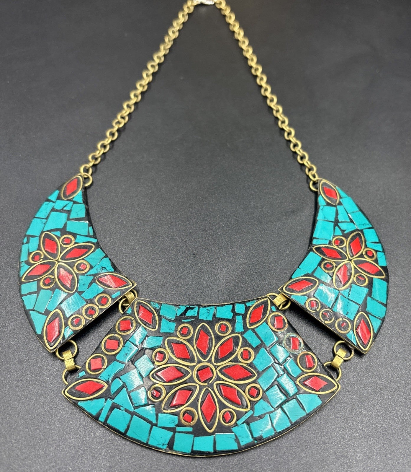 Vintage Mosaic Bib Necklace – Turquoise & Red Inlay, Nepalese/Tibetan Style