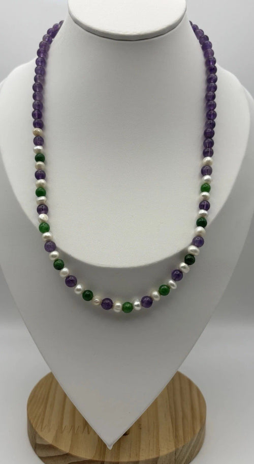 Vintage Amethyst Jadeite Pearl Necklace Pave Rhinestone Clasp Mid Century