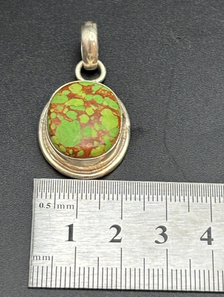 Vintage 925 Sterling Silver Green Matrix Turquoise Pendant Artisan Cabochon