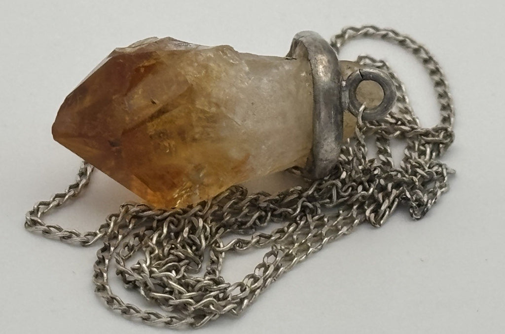 Vintage Sterling Silver Natural Citrine Crystal Pendant Necklace 45cm Artisan
