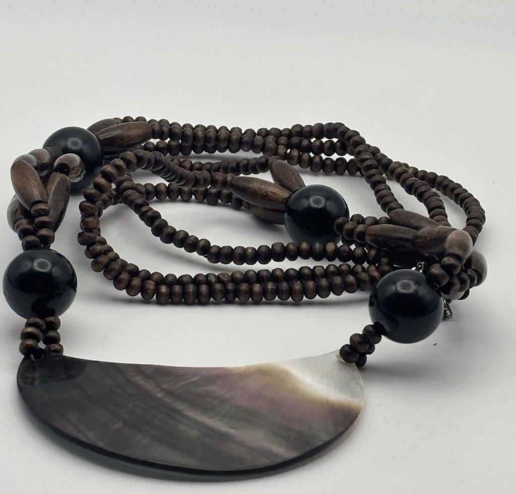 Vintage Tribal Necklace Mother of Pearl Crescent Pendant Wood Beads
