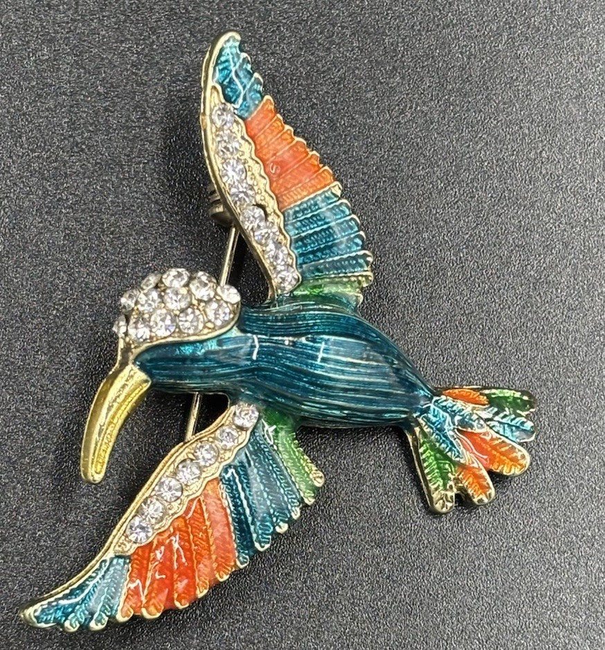Vtg Enamel Blue Bird  Brooch Bright In Colour Clear Crystal Glass Rhinestones