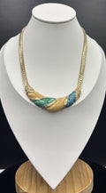 Vintage 1980s Statement Necklace Gold Tone Green Blue Amber Chunky Retro