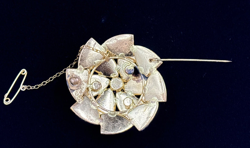 Vintage Green Aurora Borealis Rhinestone Flower Brooch Gold Tone