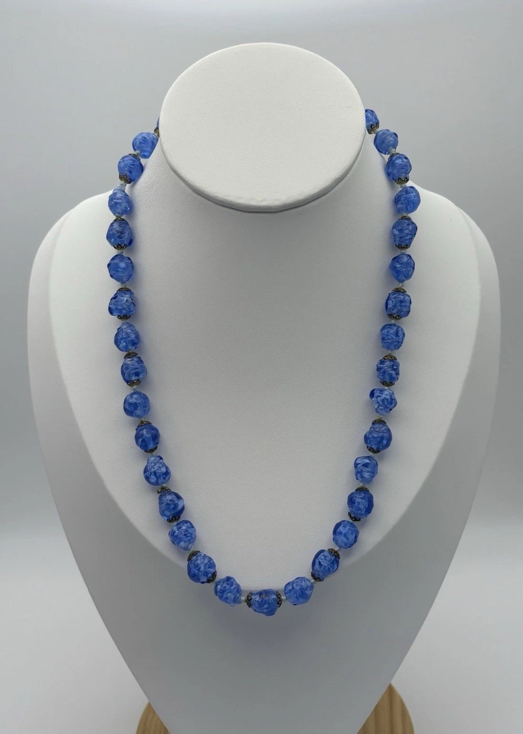 Vintage Blue Marbled Glass Bead Necklace 1950s Czech Jewelry