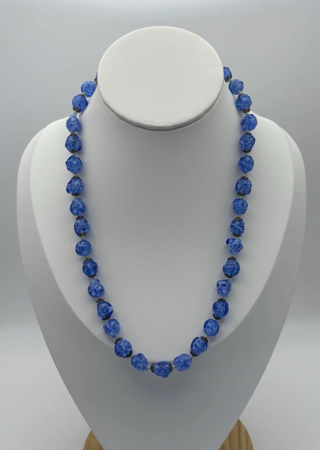 Vintage Blue Marbled Glass Bead Necklace 1950s Czech Jewelry